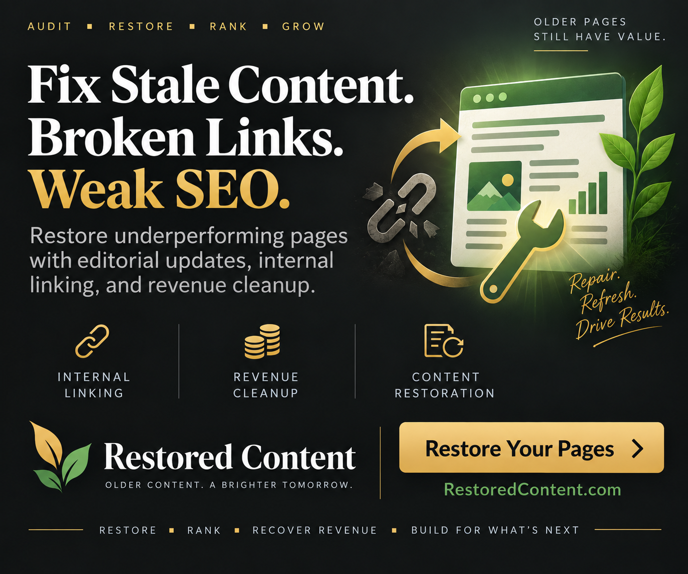 Restored Content - Fix stale content, broken links, and weak SEO. Restore your website pages.